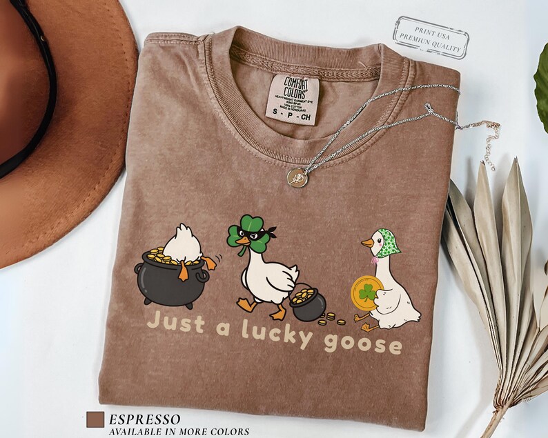 espresso comfort colors t-shirt with three illustrated geese, one in a pot of gold, one wearing a shamrock mask, and one holding a coin, playful st patrick’s day design