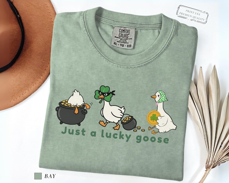 bay comfort colors t-shirt with three illustrated geese, one in a pot of gold, one wearing a shamrock mask, and one holding a coin, playful st patrick’s day design