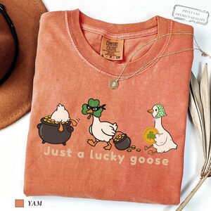 yam comfort colors t-shirt with three illustrated geese, one in a pot of gold, one wearing a shamrock mask, and one holding a coin, playful st patrick’s day design