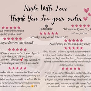 May include: A light pink background with the words "Made With Love" and "Thank You For Your Order" in elegant script. The image features customer reviews with five-star ratings, praising the quality and service.