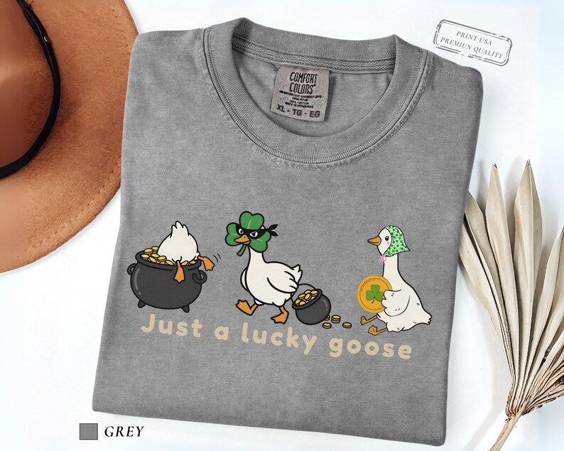 grey comfort colors t-shirt with three illustrated geese, one in a pot of gold, one wearing a shamrock mask, and one holding a coin, playful st patrick’s day design