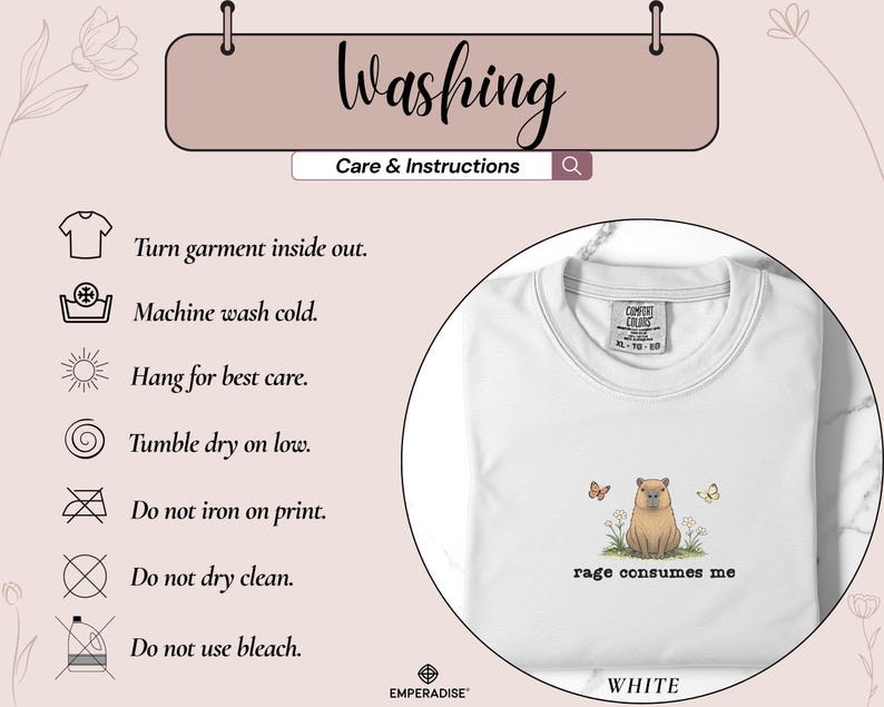May include: White crewneck sweatshirt with a capybara graphic, two butterflies, and the text "rage consumes me." Washing instructions are displayed above the sweatshirt.