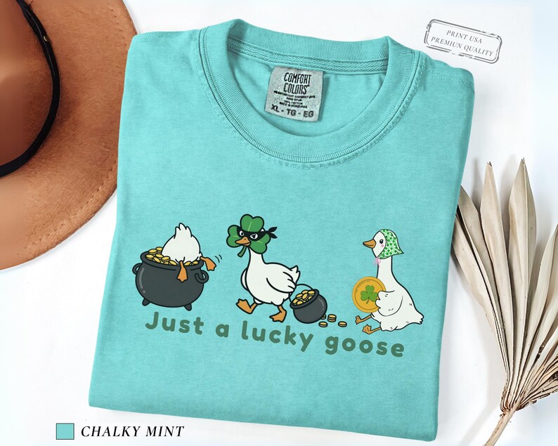 chalky mint comfort colors t-shirt with three illustrated geese, one in a pot of gold, one wearing a shamrock mask, and one holding a coin, playful st patrick’s day design