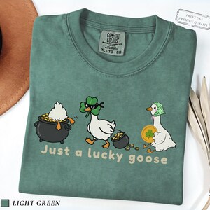 light green comfort colors t-shirt with three illustrated geese, one in a pot of gold, one wearing a shamrock mask, and one holding a coin, playful st patrick’s day design