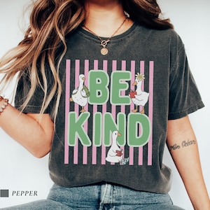 May include: A charcoal gray short-sleeve t-shirt featuring a graphic print with pink vertical stripes and the text BE KIND in large green letters. The design includes three white geese, one with a backpack, one with an apple, and one reading a book.