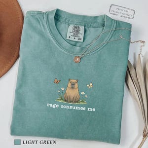Light Green Comfort Colors® t-shirt featuring a vintage capybara illustration sitting in grass with small flowers and butterflies, with the phrase “rage consumes me”.