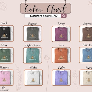 May include: A color chart displaying various Comfort Colors 1717 t-shirts in shades like black, moss, and violet. Each shirt features a graphic and is labeled with its color name. The chart includes the text "Color Chart" and "EMPERADISE".