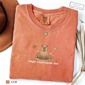 Yam Comfort Colors® t-shirt featuring a vintage capybara illustration sitting in grass with small flowers and butterflies, with the phrase “rage consumes me”.