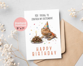 Tarjeta de cumpleaños imprimible de dragón barbudo, tarjeta de feliz cumpleaños de Pogona, divertida tarjeta de felicitación de reptil, regalo para amantes de los lagartos, tarjeta para amantes de los dragones barbudos.