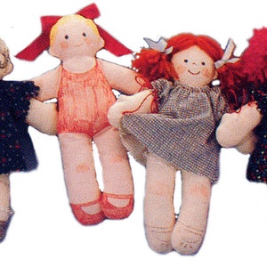 May include: Four handmade rag dolls with different colored hair and clothing. The dolls are wearing dresses with floral patterns and have embroidered faces.