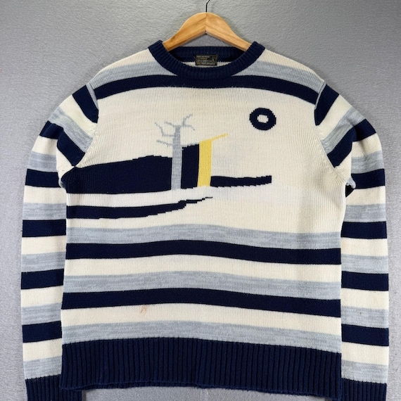 JCPenney, Vintage JCPenney Acrylic Striped Crew Neck Sweater Graphic Print Blue Large