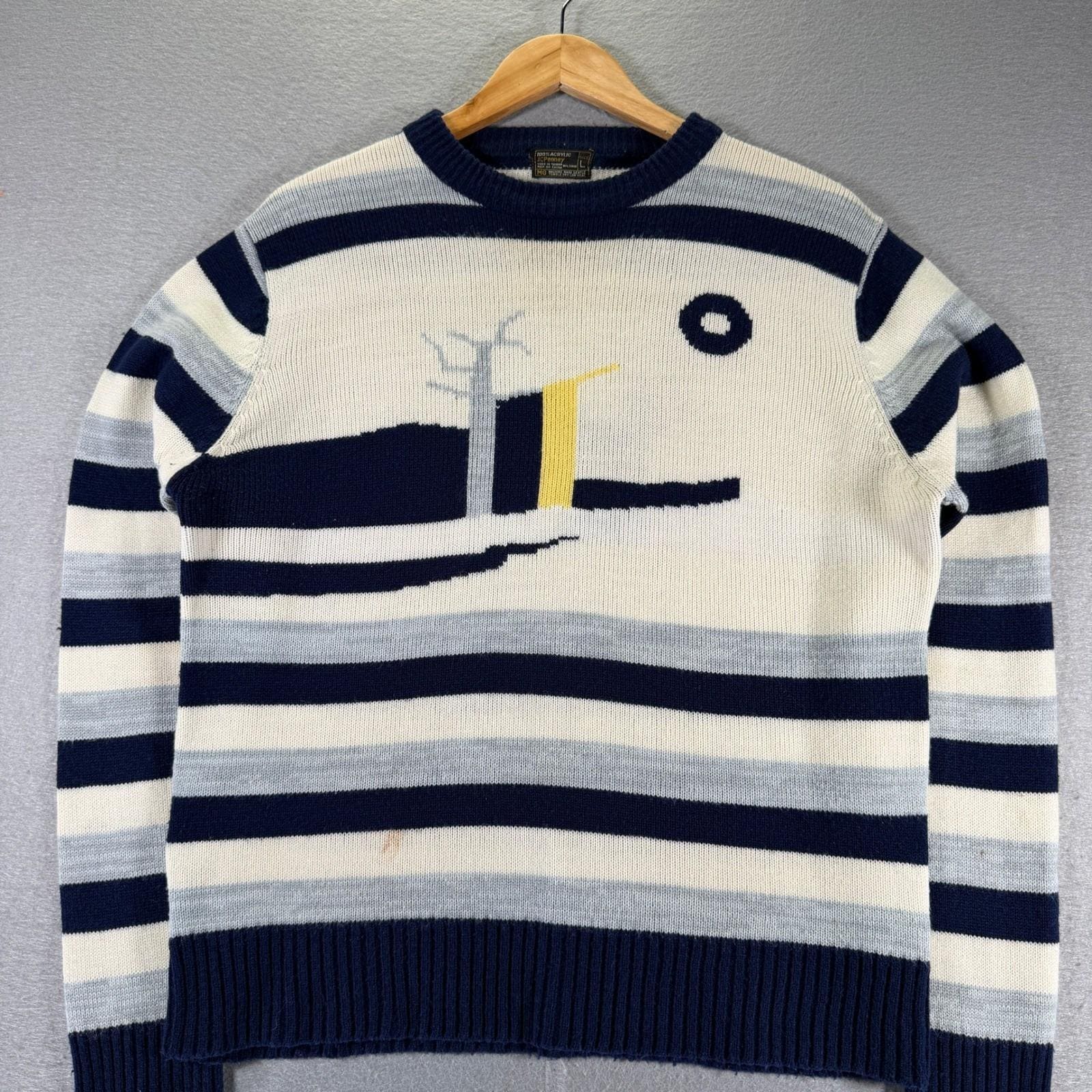 JCPenney, Vintage JCPenney Acrylic Striped Crew Neck Sweater Graphic Print Blue Large