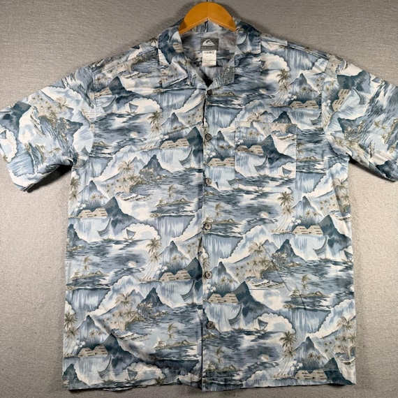 Quiksilver, Vintage Quiksilver Mens Island Scenic Print Cotton Button Down Shirt Blue Large