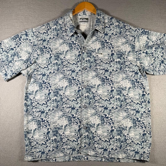 Quiksilver, Vintage Quiksilver Mens Blue White Floral Tropical Palm Tree Button Down Large