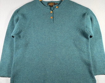 Eddie Bauer Vintage 100% Wool Henley Sweater Teal Blue Marl Womens Medium