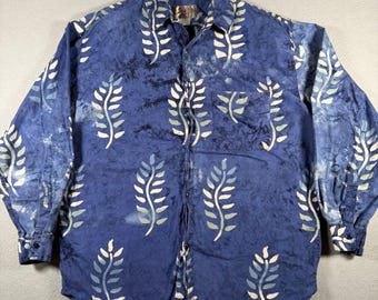 Territory Ahead Mens XXL Blue Batik Leaf Print Cotton Button Down Shirt 15174