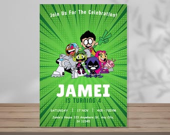 Geburtstagseinladung Teen Titans bearbeitbare Vorlage Digitale Partyeinladung Benutzerdefinierte druckbare Sofortiger digitaler Download Canva Cartoon
