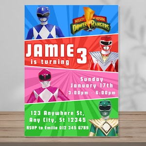 Verjaardagsuitnodiging Power Rangers bewerkbare sjabloon Digitale uitnodiging voor feest aangepaste afdrukbare Instant digitale download Canva Cartoon kinderen