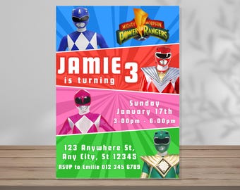Invitación de cumpleaños de los Power Rangers, plantilla editable, invitación digital para fiesta, imprimible, descarga digital instantánea, Canva, dibujos animados para niños