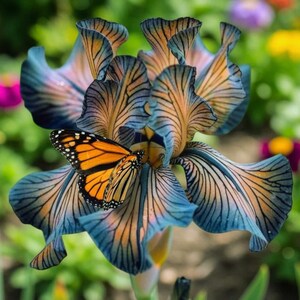 Può includere: Primo piano di un vibrante fiore di iris con petali blu e arancioni e motivi lineari scuri. Una farfalla monarca con ali arancioni e nere si posa sul fiore, aggiungendo un tocco di bellezza naturale. Lo sfondo è un morbido sfocato di verde e altri fiori colorati.