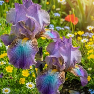 Puede incluir: Primer plano de dos flores de iris moradas con detalles azules y amarillos. Los pétalos tienen un aspecto texturizado con patrones intrincados. El fondo presenta una variedad de flores silvestres, incluyendo margaritas y ranúnculos, creando una escena de jardín vibrante.