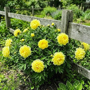 Puede incluir: Un arbusto vibrante de peonías amarillas en plena floración, frente a una valla de madera envejecida. Las flores, con pétalos rizados, contrastan con el follaje verde. La luz natural sugiere un día soleado en un jardín floreciente.