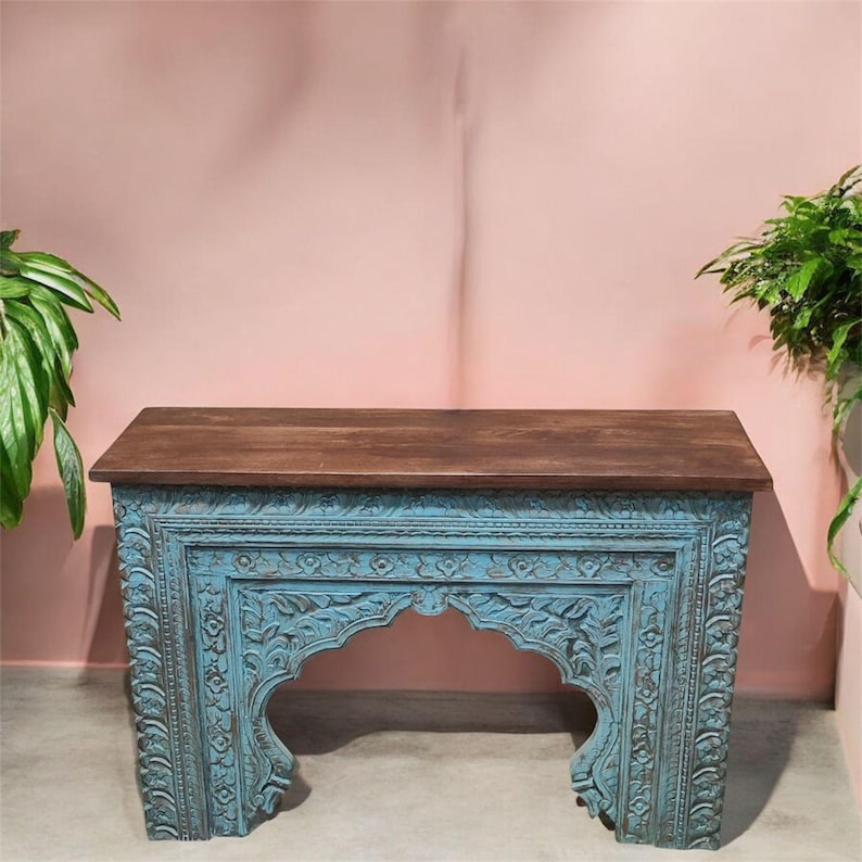 Handcarved Turquoise Console Table: Rustic Reclaimed Wood Entryway ...