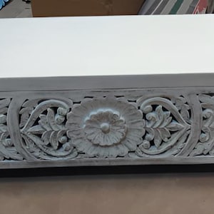 Handcarved Wooden Storage Chest | White Distressed Trunk | Vintage Blanket Box | Rustic Boho Furniture |