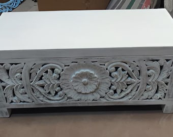 Handcarved Wooden Storage Chest | White Distressed Trunk | Vintage Blanket Box | Rustic Boho Furniture |