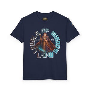May include: Navy blue t-shirt featuring a wizard graphic within a circular design. The design includes the text "LEVELS OF WISDOM L-O-W" in a stylized font. The wizard is depicted holding a staff.
