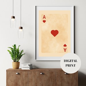Herz Ass druckbare Wandkunst - Minimalistische Spielkarte Digitaler Download, Vintage Poker Spiel Dekor, rotes Herz Kartenposter