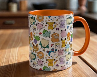 Kawaii Poket Monster Doodle Ceramic Coffee Mug, Two Tone Gamer Gift Cup