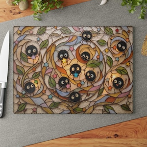New Arrival! Spirited Away Soot Sprites Glass Cutting Board, Studio Ghibli Kitchen Decor Gift 11" x 15"