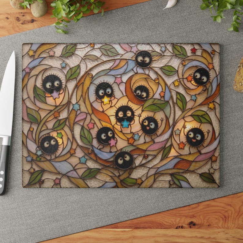 New Arrival! Spirited Away Soot Sprites Glass Cutting Board, Studio Ghibli Kitchen Decor Gift 11" x 15"