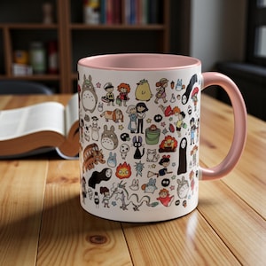 Kawaii Studio Ghibli Doodles Mug, Custom Color Anime Coffee Cup, Ghibli Fan Gift Pink