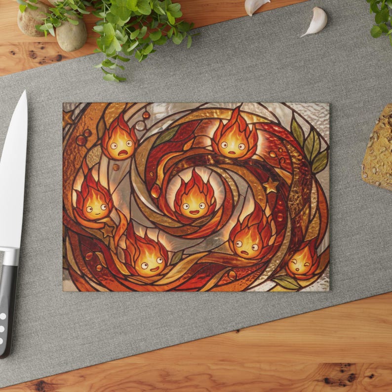 Howls Moving Castle Calcifer Fire Demon Glass Cutting Board Studio Ghibli Kitchen Decor Gift 8" x 11"