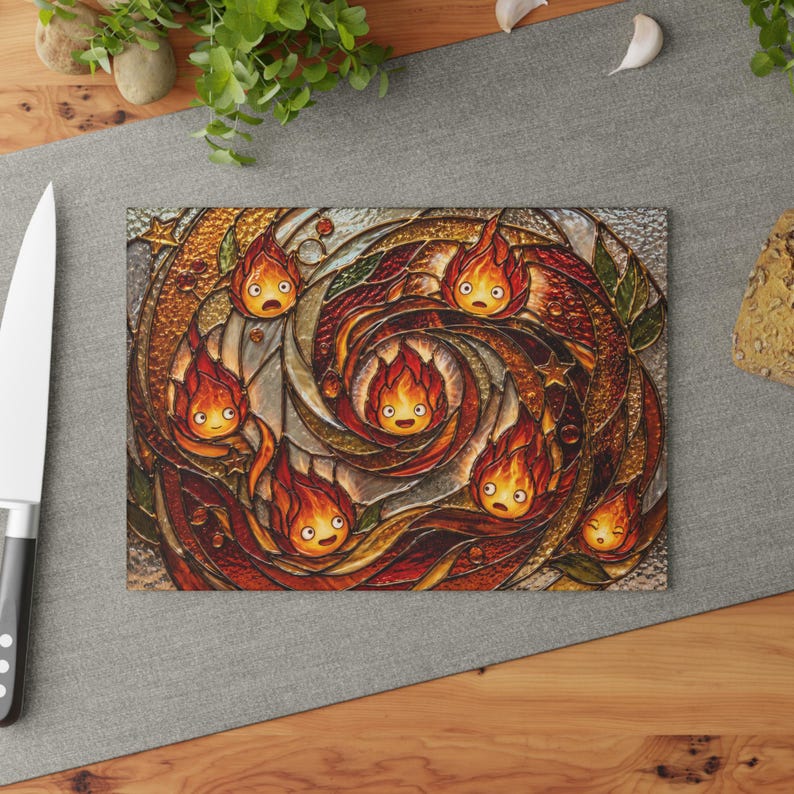 New Arrival! Howls Moving Castle Calcifer Glass Cutting Board Ghibli kitchenware 8" x 11"