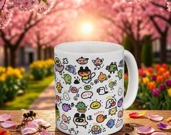 Tamagotchi Ceramic Mug 11oz, Kawaii Y2K Virtual Pet Coffee Cup