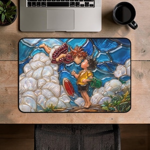Stained Glass Ponyo and Sosuke Desk Mat, Studio Ghibli Fan Gift, Anime Mouse Pad