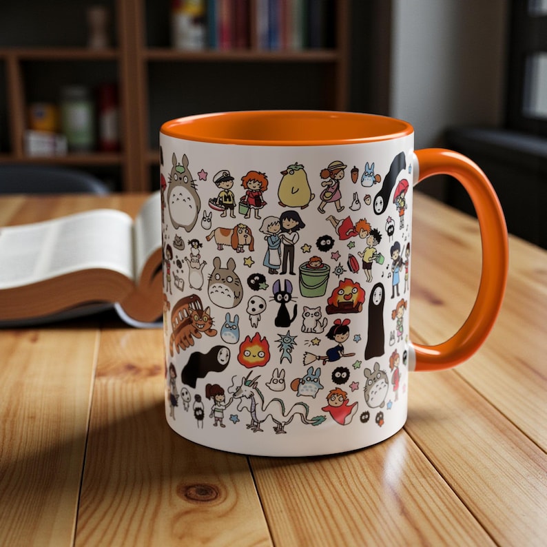 Kawaii Studio Ghibli Doodles Mug, Custom Color Anime Coffee Cup, Ghibli Fan Gift Orange