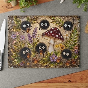 Spirited Away Soot Sprites Glass Cutting Board, Ghibli Kitchen Decor Gift 11" x 15"