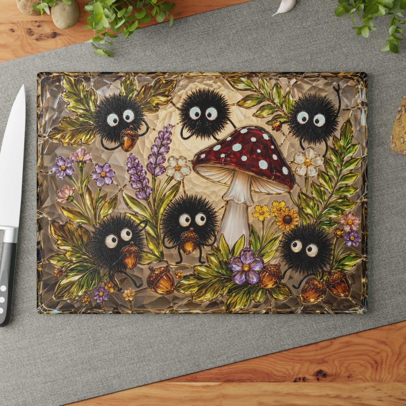 Spirited Away Soot Sprites Glass Cutting Board, Ghibli Kitchen Decor Gift 11" x 15"
