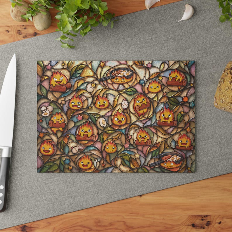 Calcifer Glass Cutting Board, Howls Moving Castle Studio Ghibli Kitchen Decor Gift 8" x 11"