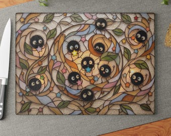 Spirited Away Soot Sprites Glass Cutting Board, Studio Ghibli Kitchen Decor Gift