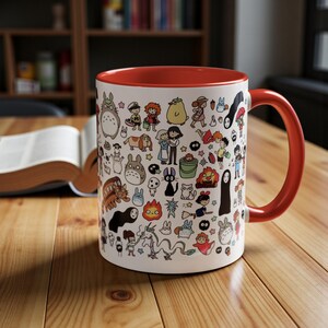 Kawaii Studio Ghibli Doodles Mug, Custom Color Anime Coffee Cup, Ghibli Fan Gift Red
