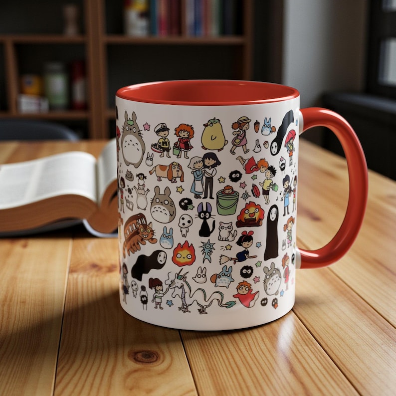 Kawaii Studio Ghibli Doodles Mug, Custom Color Anime Coffee Cup, Ghibli Fan Gift Red