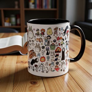 Kawaii Studio Ghibli Doodles Mug, Custom Color Anime Coffee Cup, Ghibli Fan Gift Black