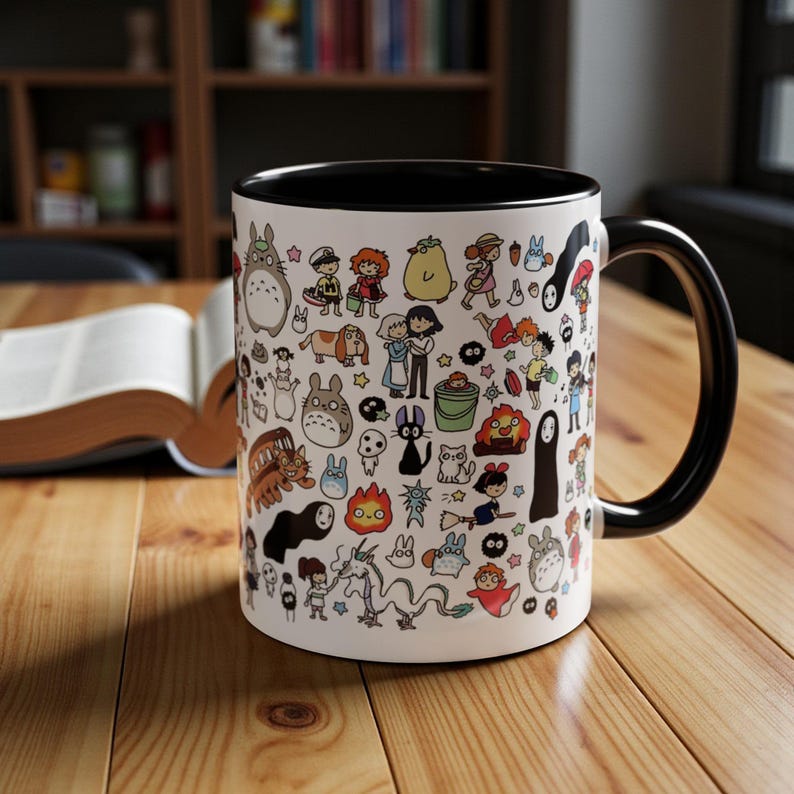 Kawaii Studio Ghibli Doodles Mug, Custom Color Anime Coffee Cup, Ghibli Fan Gift Black