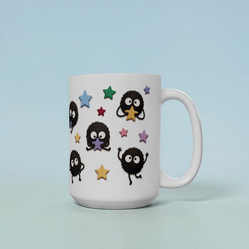 Soot Sprites Paper Art Mug, Spirited Away Inspired Ceramic Cup, Studio Ghibli Gift 15oz
