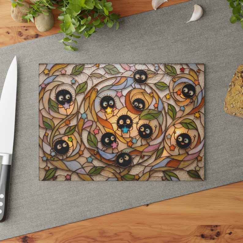 New Arrival! Spirited Away Soot Sprites Glass Cutting Board, Studio Ghibli Kitchen Decor Gift 8" x 11"